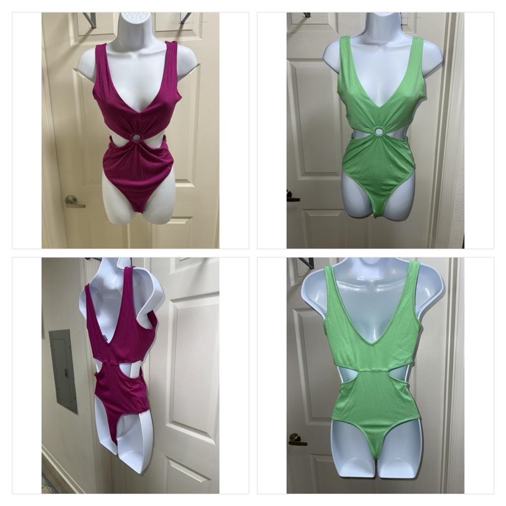 Wild Fable Ribbed Cutout Ring Bodysuit Bundle Pink + Green Medium